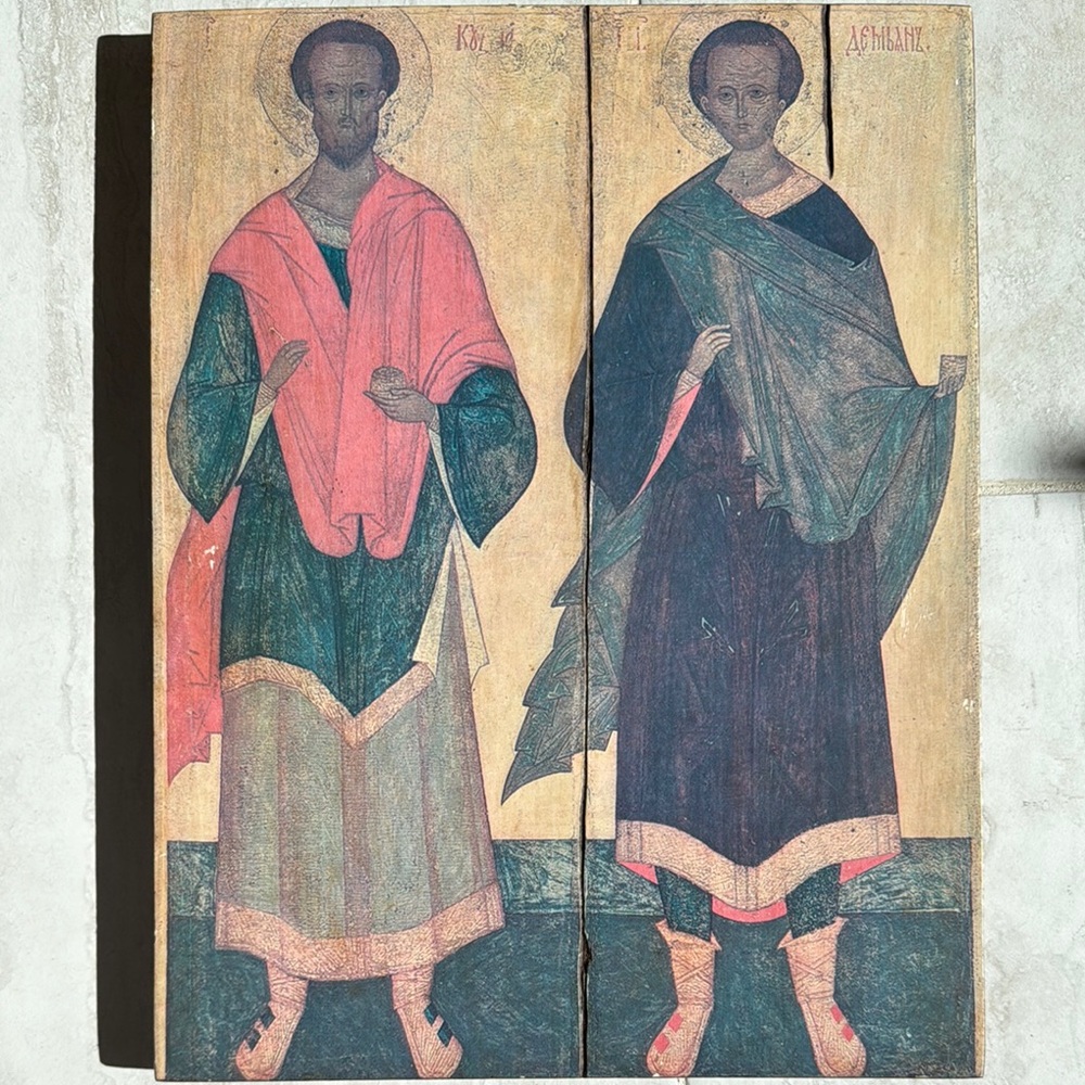 Vintage Religious Wall Art with Red and Green Tones